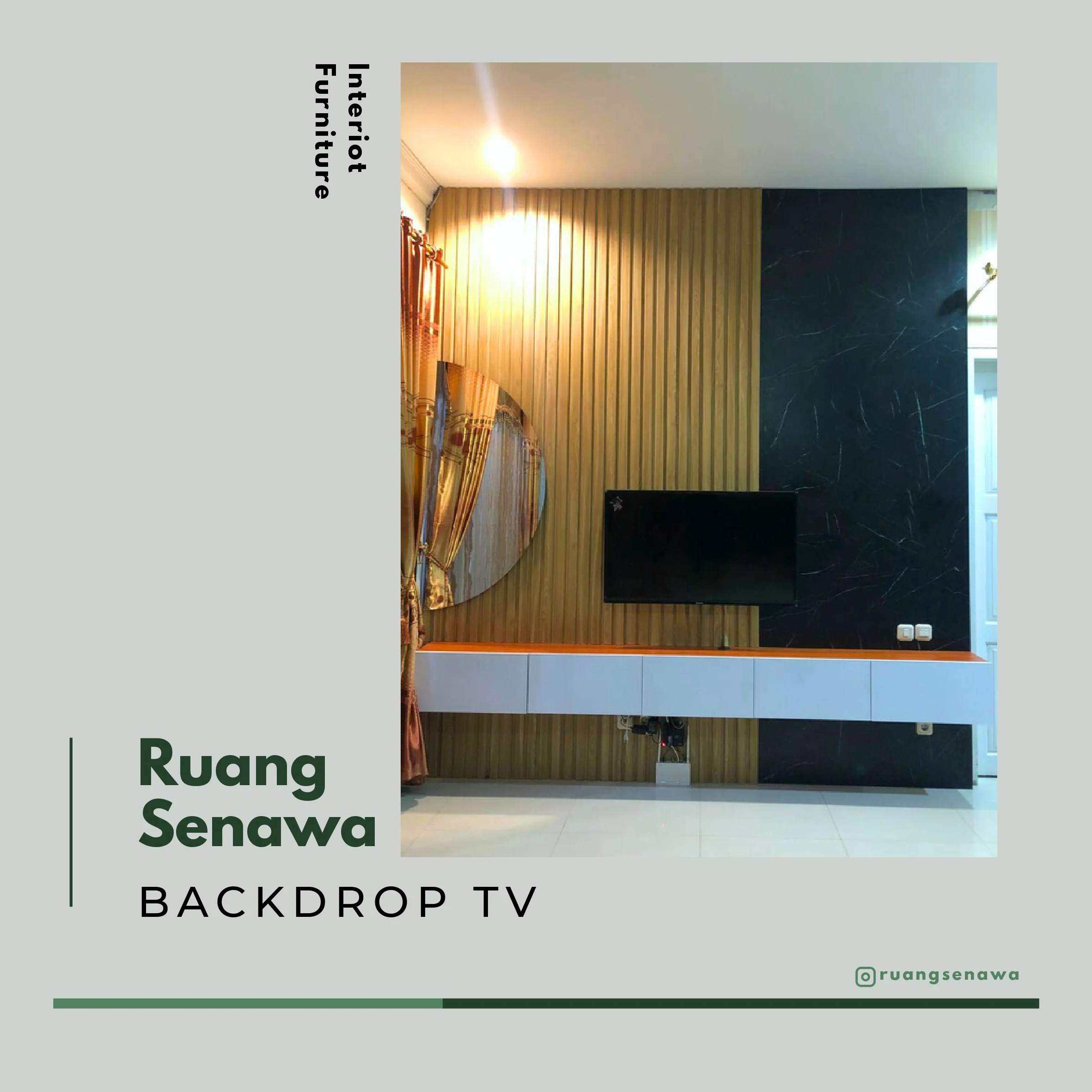 Backdrop TV Marmer Hitam & Round Mirror — Kisi-kisi kayu dipadu panel marmer hitam & aksen cermin bulat Kota Palu Ruang Senawa
